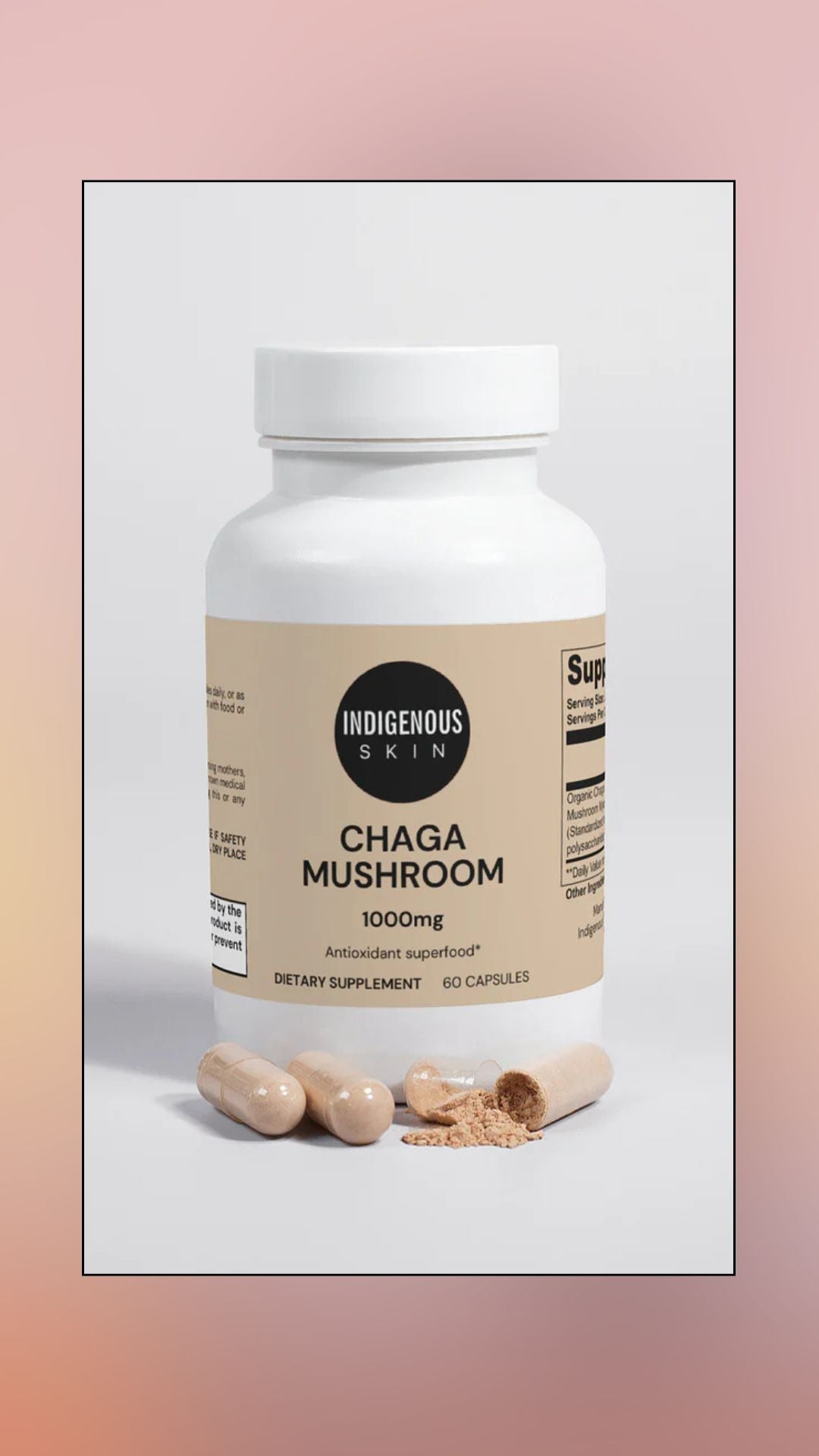 Chaga mushroom supplement for immune support and antioxidant wellness.