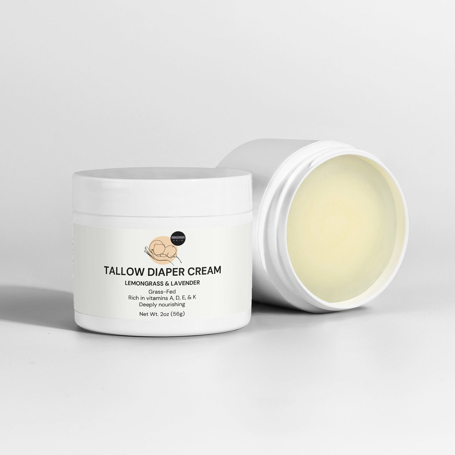Natural tallow diaper cream for soothing and protecting baby’s skin.