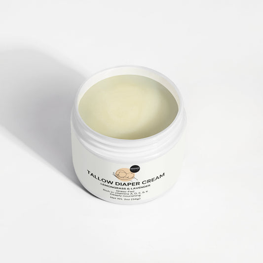 Natural tallow diaper cream for soothing and protecting baby’s skin.